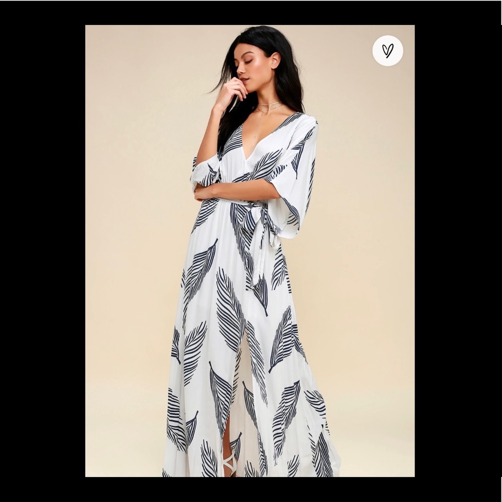 Sign of the Times White and Navy Blue Leaf Print Maxi Dress